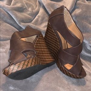 Brown high heel wedges Size 10